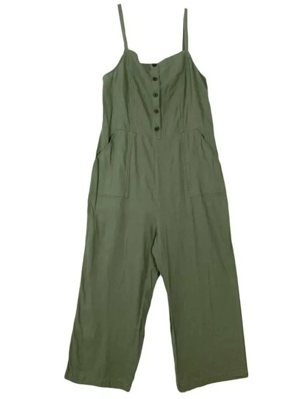 OLD NAVY JUMPSUIT SIZE S WIDE LEG SMOCKED BACK POCKETS STRAPS OLIVE GREEN